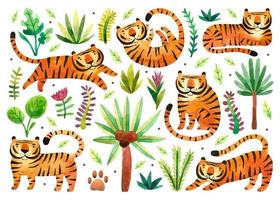 Tigers in rainforest big wild cats and tropical plants zodiac symbol of the year watercolor hand drawn illustration vector