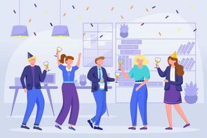 Office team celebrate birthday flat vector illustration. Company birth party on workplace. Festive bright entertainment. Corporate event. Colleagues dance, have wine, snacks cartoon characters