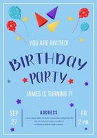 Birthday party brochure template. Flyer, booklet, leaflet concept with flat illustration. Vector page cartoon layout for magazine. Anniversary celebration invitation on blue background with text space