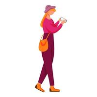 mujer joven con ilustración de vector plano smartphone. milenario. adolescente caminando con gadget. Adolescente que usa la pantalla del teléfono sobre la marcha personaje de dibujos animados aislado sobre fondo blanco