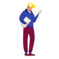 Young man with smartphone and tablet flat vector illustration. Adolescent music lover boy watching on phone screen. Standing teenager with gadgets isolated cartoon character on white background