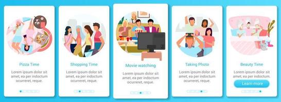 Friends together onboarding mobile app screen vector template. Shopping pastime, pizza and movie time. Walkthrough website steps with flat characters. UX, UI, GUI smartphone cartoon interface concept