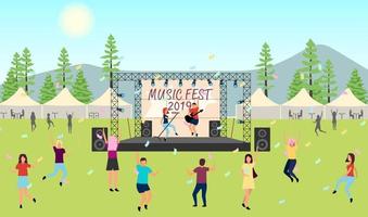 Music festival 2019 flat vector illustration. Open air live performance. Rock, pop musician concert, party in park, camp. Summertime fun outdoor activity. Dancing cartoon characters