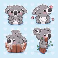 Conjunto de caracteres de vector de dibujos animados lindo koala kawaii. adorable y divertido animal sonriente jugando con mariposas voladoras pegatinas aisladas, paquete de parches. koala bebé anime con mamá sobre fondo azul