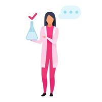 Woman with lab flask flat vector illustration. Female dietitian explaining water consumption norms isolated cartoon character on white background. Pharmacologist offering new medication