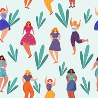 Body positive flat vector seamless pattern. Blue background with multicultural women texture. Feminism movement. Struggle for equality. Smiling overweight girls. Wrapping paper with characters