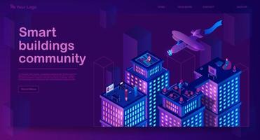 Smart buildings isometric banner. Neon futuristic city architecture concept. Intelligent buildings. Smart city. Modern town map with 3d skyscrapers. Internet of things. Isolated vector illustration