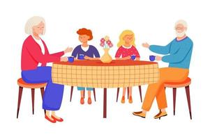 Ilustración de vector plano de personas jubiladas. los niños venían a visitar a sus parientes ancianos. pasatiempo familiar. Los abuelos beben té con niños personajes de dibujos animados aislados sobre fondo blanco.