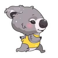 Lindo personaje de vector de dibujos animados koala kawaii. adorable y divertido animal activo corriendo, trotando pegatina aislada, parche. animado bebé koala deportista, estilo de vida saludable emoji sobre fondo blanco.