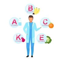 Ilustración de vector plano de ingredientes de nutrición equilibrada. médico explicando las fuentes de vitamina personaje de dibujos animados aislado sobre fondo blanco. nutricionista que ofrece frutas saludables, lácteos, productos cárnicos