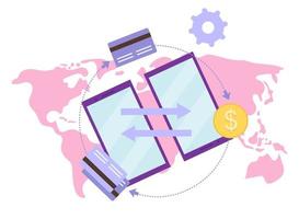 Global payment system flat vector illustration. International financial credit cards transaction cartoon concept. Money transfer, remittance service. Peer to peer payments gateway isolated metaphor