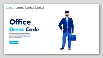 Office dress code landing page vector template. Business fashion website interface idea with flat illustrations. Corporate apparel style homepage layout. Formal clothing web banner cartoon concept