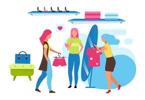 Clothing boutique assistant flat vector illustration. Choosing outfit at mall, retail store. Woman trying on clothes. Buying outfit with friends isolated cartoon character on white background