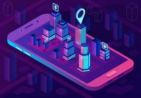 Smart city isometric architecture concept. Web banner with neon buildings. Futuristic 3d city smartphone app map. Intelligent buildings with signs. Internet of things. Isolated vector illustration