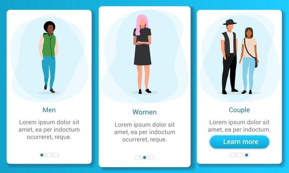 Multicultural group onboarding mobile app screen template. Adult population and gender ratio. Multiracial men, women, couples. Walkthrough website steps with flat characters. UX, UI, GUI interface vector
