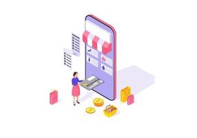 Online shopping app isometric color vector illustration. Mobile banking. Online payment infographic. E-payment. Shopping smartphone application 3d concept. Webpage, mobile app design