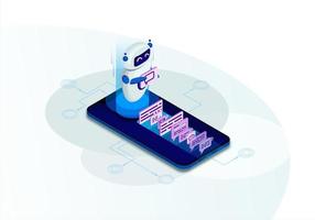 Chatbot isometric vector illustration. Chat bot receiving client messages. Future marketing. AI and business. Website assistance. Customer service infographic. IOT 3d concept. Mobile app design