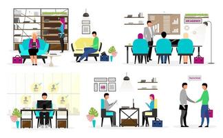 HR agency workers flat vector characters set. Headhunters selecting candidates. Job search, employment service. Studying resumes, interviewing applicants, jobseekers. Hiring, recruiting new personnel