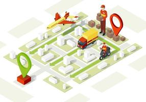 Smart delivery isometric illustration. Online order tracker. Courier, truck, aircraft shipping methods. Express delivery infographic. E-navigation. Webpage, app design. Isolated vector