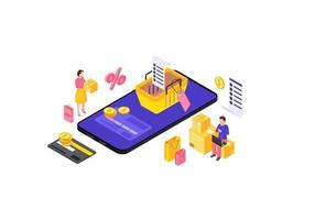 Online mobile shopping app isometric color vector illustration. Sales, discounts, special offers infographic. E-payment. Shopping smartphone application 3d concept. Webpage, mobile app design