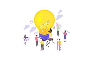 Teamwork isometric vector illustration. Business idea generation. Creativity and innovation 3d concept. Problem solving, solution searching. People and lightbulb. Thinking, brainstorm isolated clipart