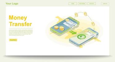 Global money transfer web page vector template with isometric illustration. Payment system. Euro digital wallet. Website interface design. Landing page layout. Web banner, webpage color 3d concept