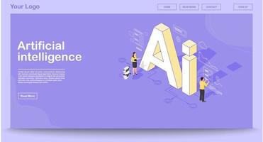 AI isometric web page vector template with isometric illustration. Artificial intelligence infographic. Website interface design. Client use chat bot. Technical support. Webpage, mobile app 3d concept