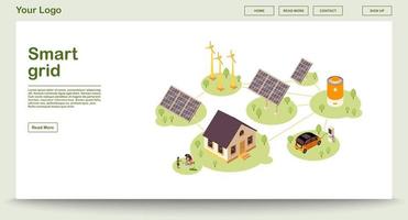 Eco energy webpage vector template with isometric illustration. Smart grid. Solar, wind renewable power. Alternative home energy source. Website interface design. Webpage, mobile app 3d concept