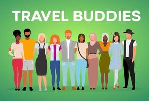 Travel buddies poster vector template. International friendship. Brochure, cover, booklet page concept design with flat illustrations. Multiracial people hugging. Advertising flyer, leaflet