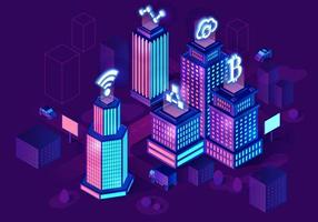 Smart buildings isometric architecture concept. Web banner with neon futuristic city. Intelligent buildings with signs. Smart city 3d infographics map. Internet of things. Isolated vector illustration