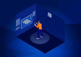 VR player isometric vector illustration. Virtual reality game experience. Futuristic digital technology. Person playing 3d concept. Man in VR headset with controllers. Gamer. Web banner idea