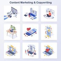 Conjunto de iconos de vector de concepto isométrico de marketing de contenidos y redacción publicitaria. creación de contenido atractivo, atracción de audiencia de medios. promoción online, inbound marketing. narración y publicidad online