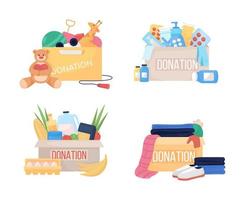 Donation box semi flat color vector item set. Full realistic object on white. Supply for humanitarian aid isolated modern cartoon style illustration for graphic design and animation