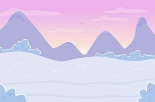 Sunset on winter mountains flat color vector illustration. Frozen land during daytime. Snow on wintry hills. Mountains during sunrise 2D cartoon landscape with ridges and peaks on background