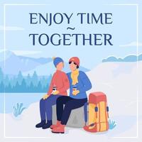 Couple camping in winter social media post mockup. Enjoy time together phrase. Web banner design template. Rest booster, content layout with inscription. Poster, print ads and flat illustration vector