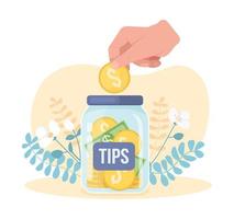 Tip jar 2D vector isolated illustration. Giving money to charity. Dropping coin as contribution. Financial contribution flat scene on cartoon background. Aid with budget colourful scene