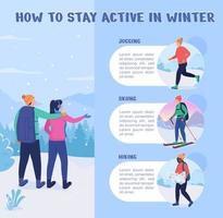 How to stay active in winter flat color vector infographic template. Poster with text, PPT page concept design with cartoon characters. Creative data visualization. Info banner idea