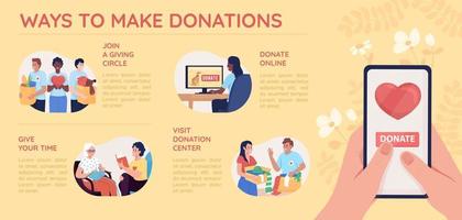 Ways to make donations flat color vector infographic template. Generous contribution. Poster with text, PPT page concept design with cartoon characters. Creative data visualization. Info banner idea