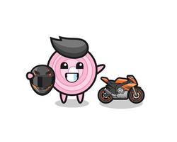 Cute dibujos animados de aros de cebolla como piloto de motos vector