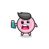onion rings mascot having asthma while holding the inhaler vector