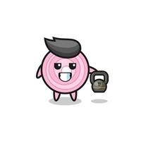 onion rings mascot lifting kettlebell in the gym vector