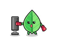 leaf boxer cartoon doing training with punching bag vector