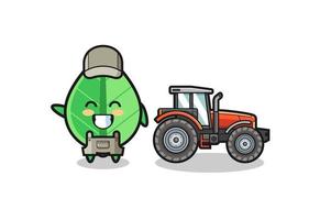 the leaf farmer mascot standing beside a tractor vector