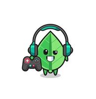 mascota de jugador de hoja sosteniendo un controlador de juego vector