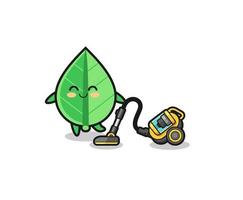 cute leaf holding vacuum cleaner illustration vector