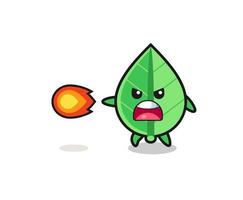 cute leaf mascot is shooting fire power vector