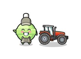 the lollipop farmer mascot standing beside a tractor vector