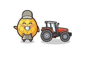 la mascota del granjero de piña de pie junto a un tractor vector