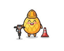 road worker mascot of pineapple holding drill machine vector
