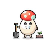 cute mushroom cartoon is planting a tree seed vector